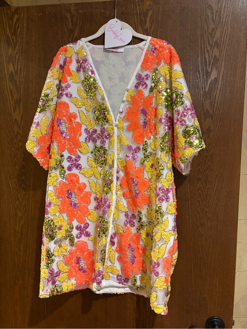 Buddy Love, NWT, Sequin Floral Kimono Cover-Up in Neon Orange, Yellow & Pink